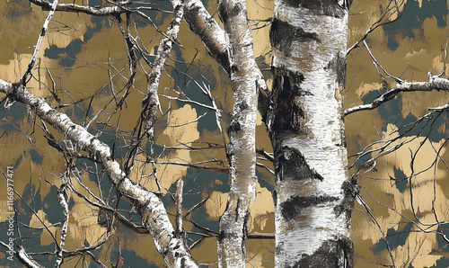 Woodland-Themed Wallpaper Featuring Birch Branch Camouflage Design