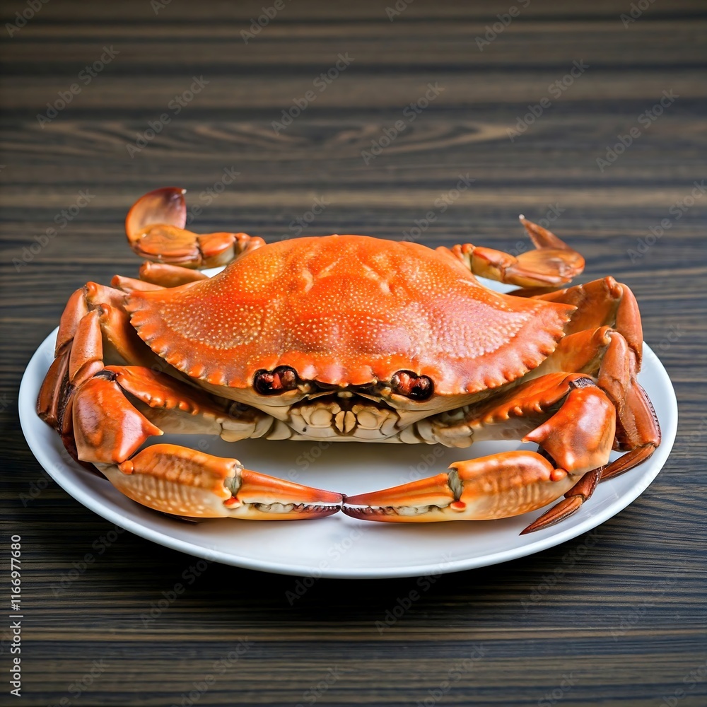 A whole steamed crab on a plate with lemon slices, ready for a delicious seafood feast. crab, seafood, gourmet, shellfish, fresh, steamed, culinary, cuisine, lemon, plate, dining, meal, presentation, A whole steamed crab on a plate with lemon slices, ready for a delicious seafood feast. crab, seafood, gourmet, shellfish, fresh, steamed, culinary, cuisine, lemon, plate, dining, meal, presentation,