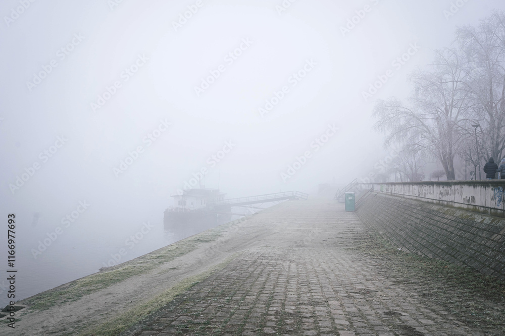 Foggy morning on the coast of Danube Novi Sad Serbia