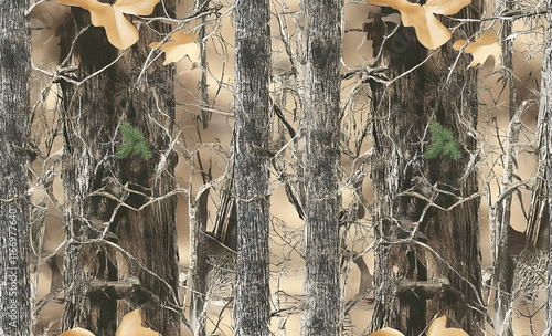 Seamless Woodland Camouflage Featuring Realistic Leaves and Branch Textures