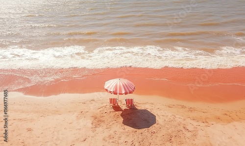 Striped beach chair and umbrella set up on warm sand, gentle waves in the distance, bright sunny day