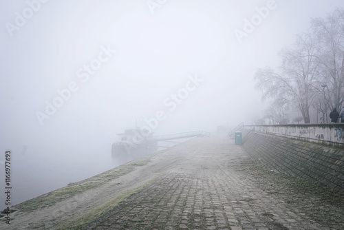 Obraz na płótnie Foggy morning on the coast of Danube Novi Sad Serbia w salonie