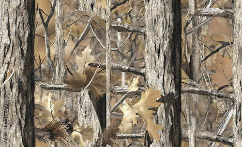 Realistic Leaf and Branch Camouflage in Earthy Brown and Green Tones