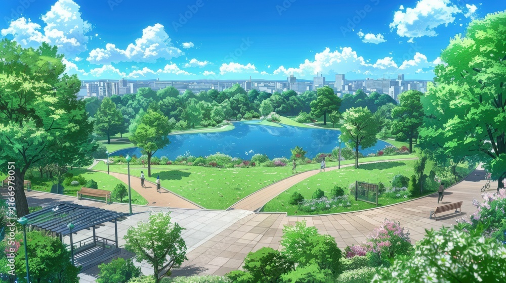 A serene park scene featuring a lake surrounded by greenery and paths. A serene park scene featuring a lake surrounded by greenery and paths.