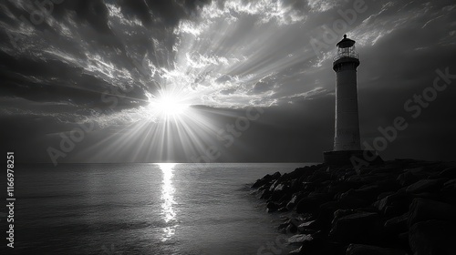 Fototapeta Naklejka Na Ścianę i Meble -  Peaceful lighthouse guiding vessels through stormy skies at sunset
