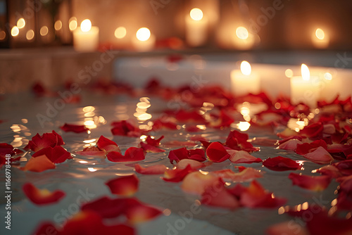 Romantic candlelit bath with red rose petals photo