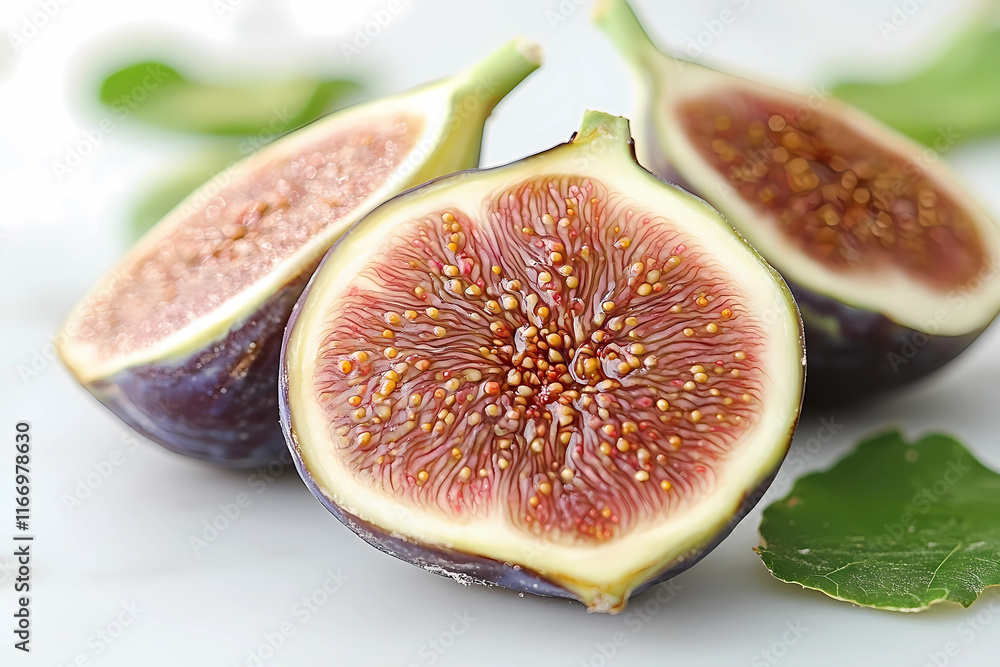 Freshly sliced figs with vibrant pink interior and green leaves on a white background. Generative AI Freshly sliced figs with vibrant pink interior and green leaves on a white background. Generative AI