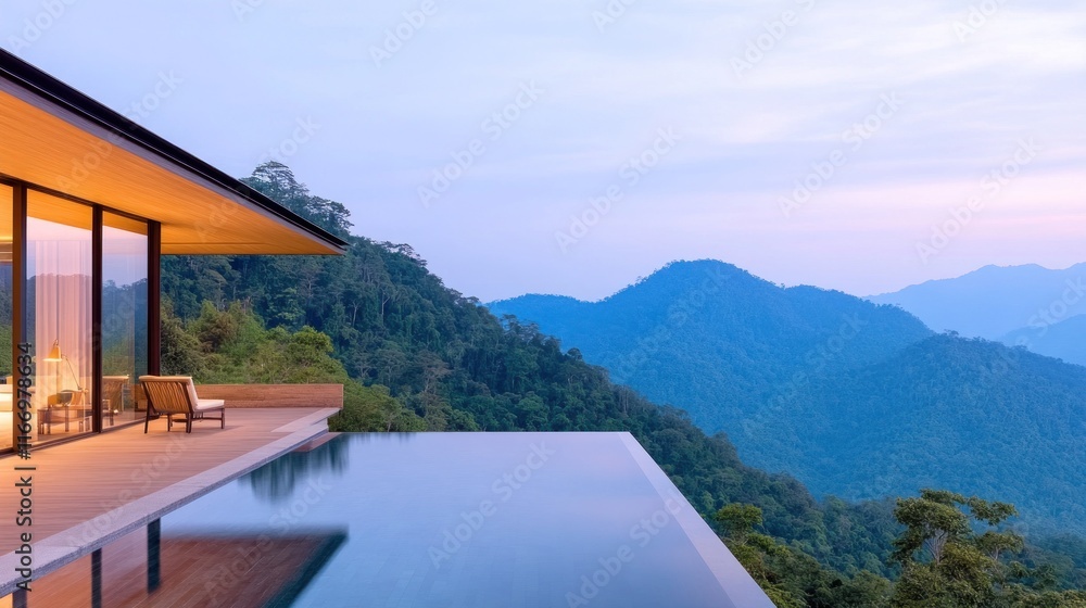 Fototapeta premium Modern villa with infinity pool overlooking mountainous landscape.