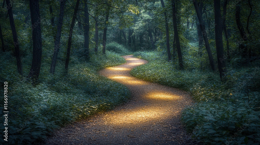 Fototapeta premium Winding path through dense woods invites quiet reflection on a soft evening light