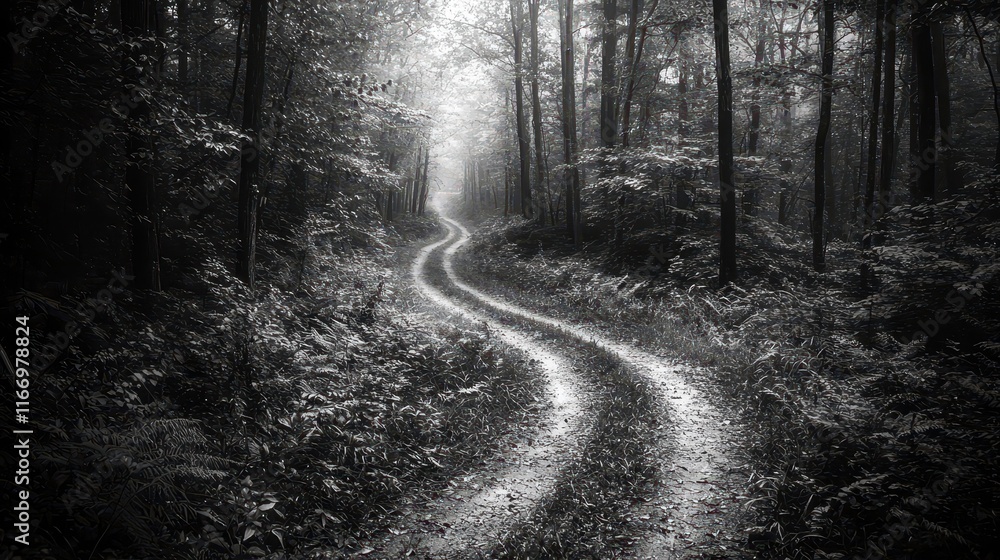 Fototapeta premium Winding path through a misty forest inviting solitude and reflection in nature’s serene embrace