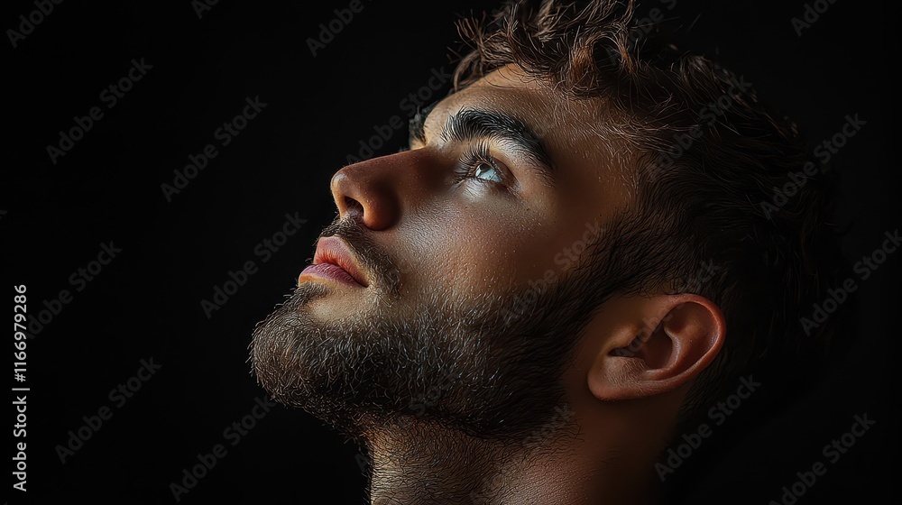 Man looking upward with a contemplative expression against a dark background at an indoor location Man looking upward with a contemplative expression against a dark background at an indoor location