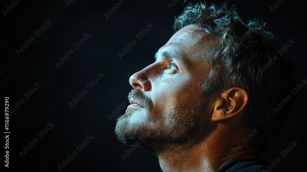 Man gazing upward in contemplation during a low-light setting with a focus on facial expression and mood Man gazing upward in contemplation during a low-light setting with a focus on facial expression and mood