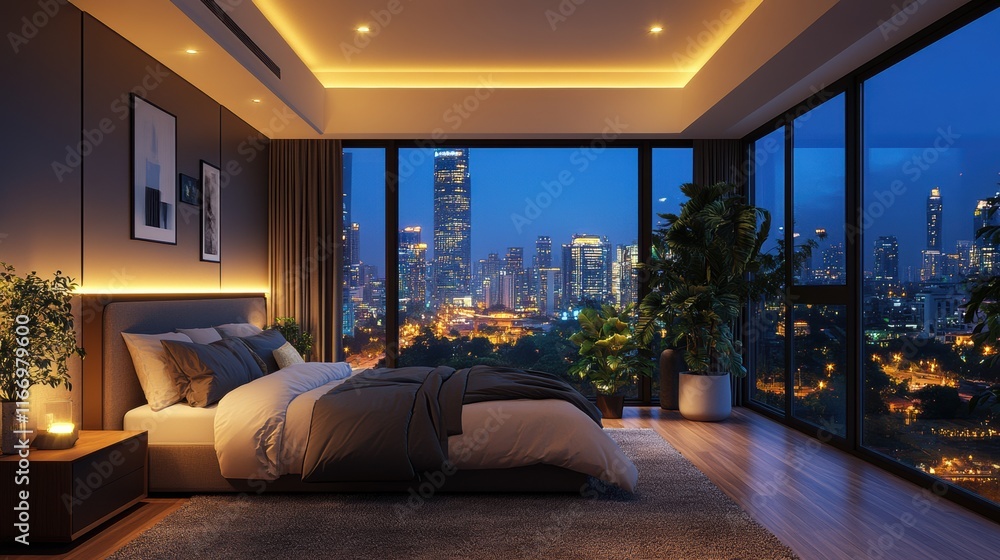 Naklejka premium Eco-friendly bedroom design with solar lighting in urban high-rise cozy atmosphere modern aesthetics sustainable living concept
