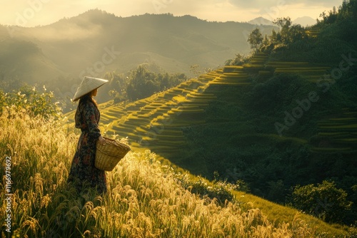 Photo of a Vietnamese rice terrace field with a Hmong woman carrying a basket in the terraced paddy fields at Trong Nur, Y Ty village on the top of the hill, with lush green grassland and golden light