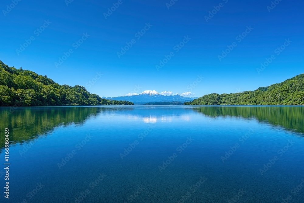 Photograph of Mount Fuji in Japan with a clear blue sky and a calm lake, the reflection on the water surface creating a geometric abstract design. Photograph of Mount Fuji in Japan with a clear blue sky and a calm lake, the reflection on the water surface creating a geometric abstract design.