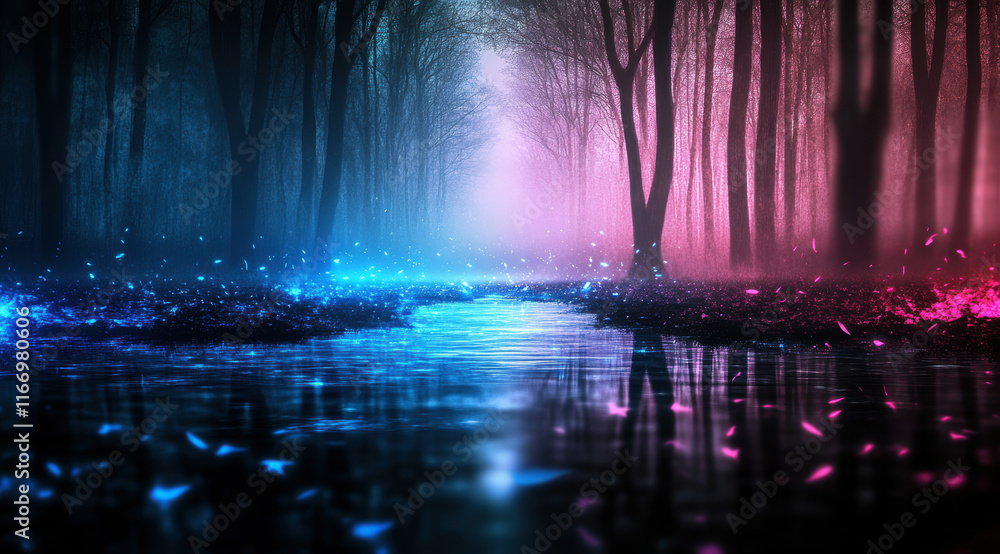 Obraz premium Explore the enchanting interplay of colors in a serene forest, where glowing blues and pinks illuminate the tranquil waters and trees, inviting a sense of wonder and calm.