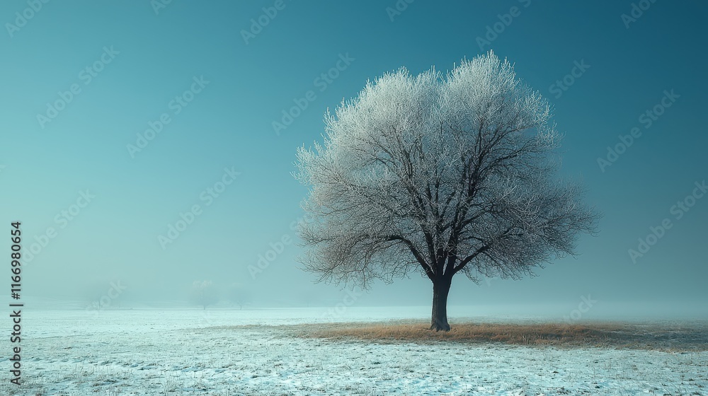 Solitary tree covered in frost standing in a misty winter landscape at dawn