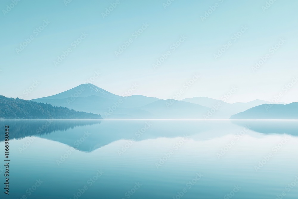 Photograph of Mount Fuji in Japan with a clear blue sky and a calm lake, the reflection on the water surface creating a geometric abstract design. Photograph of Mount Fuji in Japan with a clear blue sky and a calm lake, the reflection on the water surface creating a geometric abstract design.