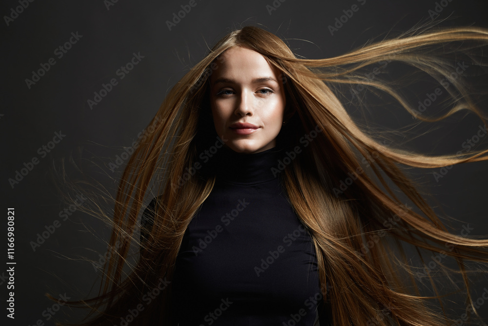 beautiful blond hair woman. pretty happy girl with Healthy flying Hair