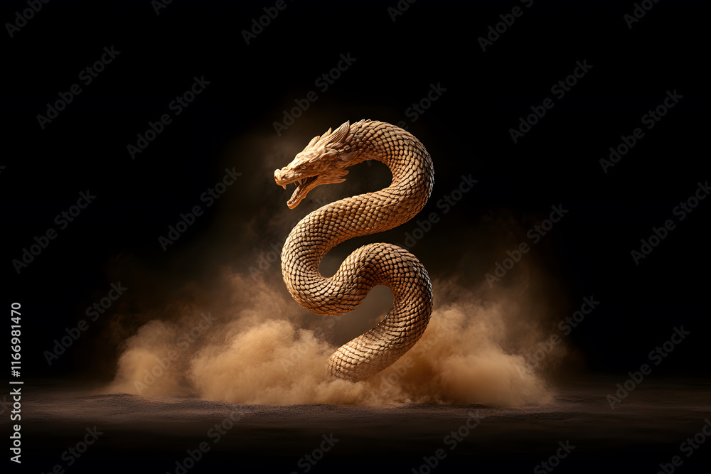 Obraz premium majestic snake sculpture rises gracefully, embodying strength and elegance. Its intricate scales and fierce expression evoke sense of power and mystique in dramatic setting