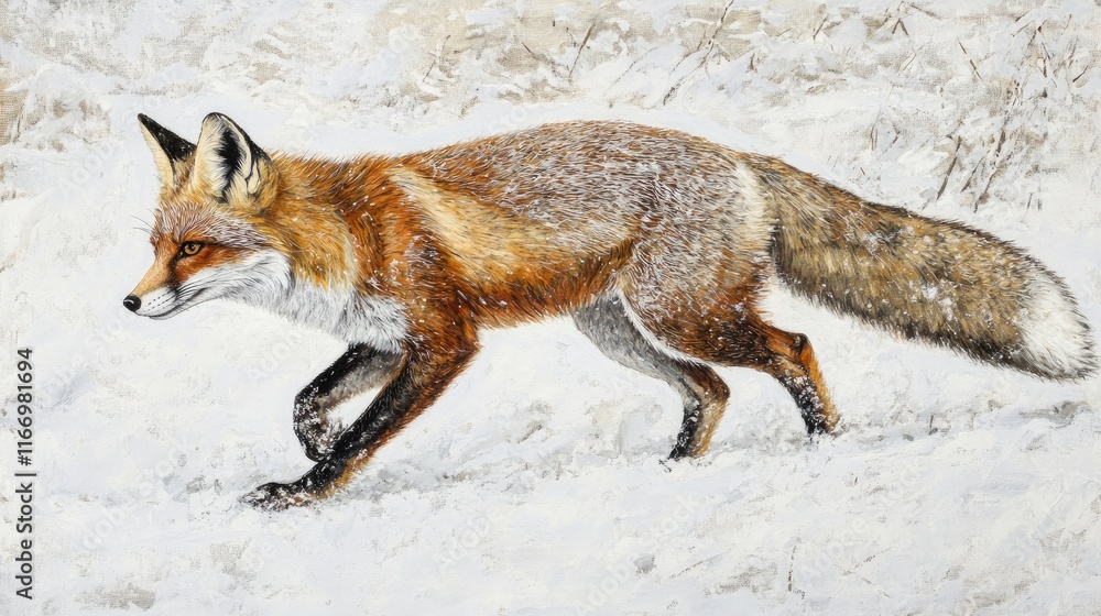 Red Fox Walking Through Snowy Landscape in Winter Scenery Red Fox Walking Through Snowy Landscape in Winter Scenery