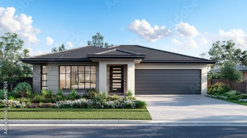 Front view of a modern house in Australian style with a garage, and a concrete driveway, on a blue sky background, Contemporary residence design. 3D render.