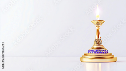 Hanukkah, also known as Chanukah, celebrates a miracle of light. Families gather to spin the dreidel and share latkes. Elegant golden candle holder with flame on white background photo