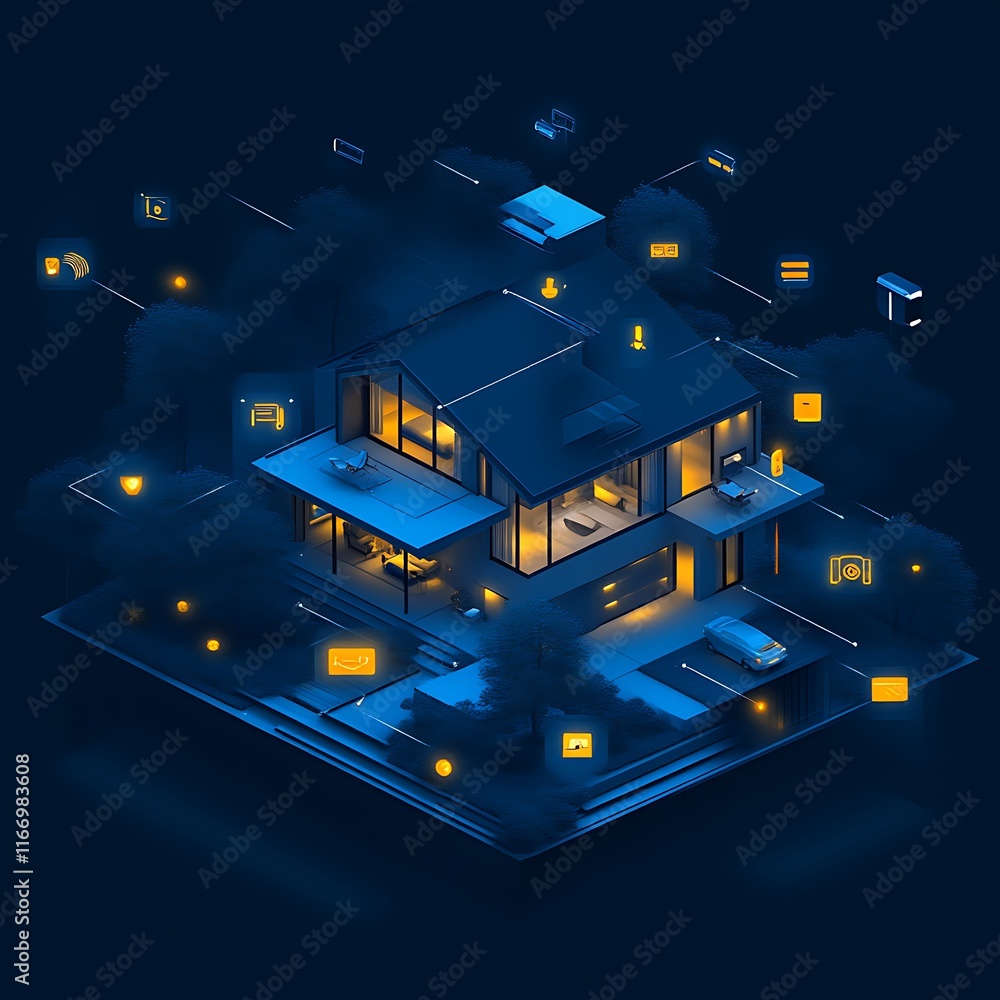 Modern Smart Home Nighttime Isometric Illustration
