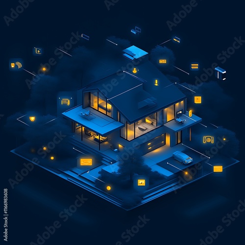 Obraz na płótnie Modern Smart Home Nighttime Isometric Illustration w salonie
