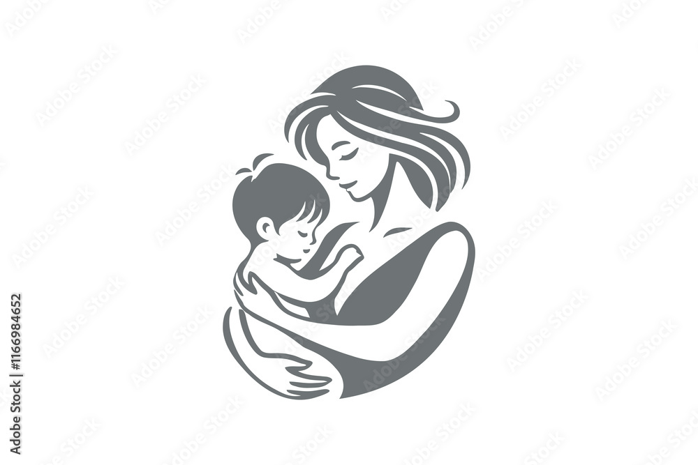 Minimalist black and white line art of mom hugging toddler son. Vector illustration, logo, print, icon. Isolated object, cut out Minimalist black and white line art of mom hugging toddler son. Vector illustration, logo, print, icon. Isolated object, cut out