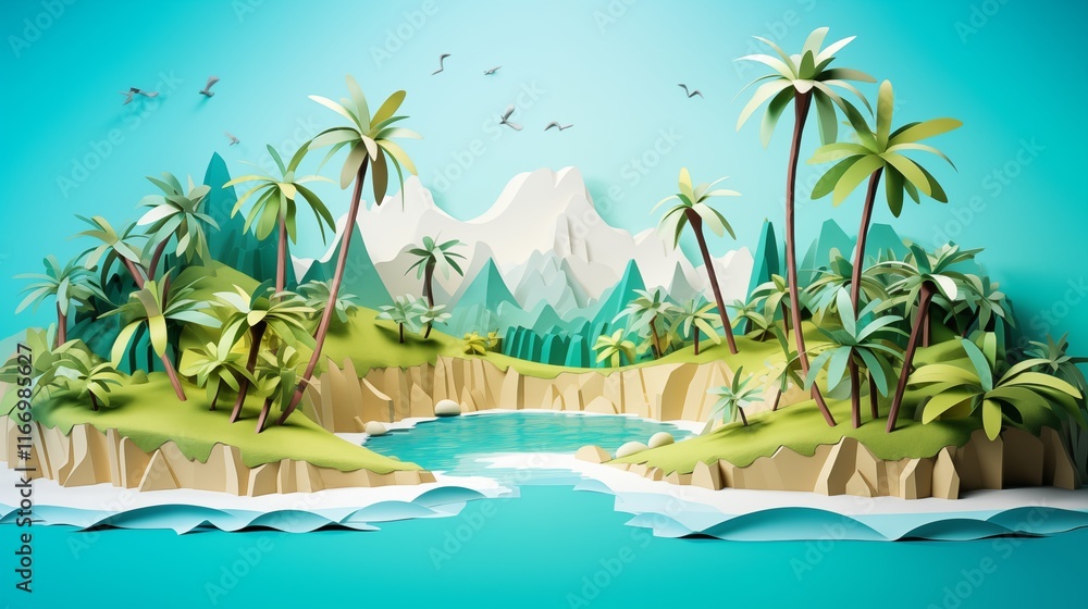 Fototapeta premium Paper cut tropical island with clear waters, space on the left, backlighting, light aqua background,generative ai illustration