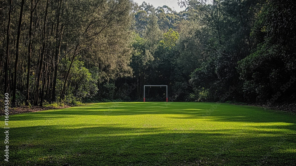 Fototapeta premium Goal posts on a rugby pitch surrounded by trees