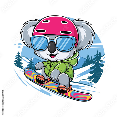 An illustration of a cute cartoon koala on a vibrant snowboard with snow glasses 
