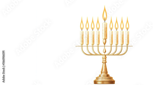 Hanukkah, also known as Chanukah, celebrates a miracle of light. Families gather to spin the dreidel and share latkes. Golden Menorah with Candles and Flames Symbolizing Light