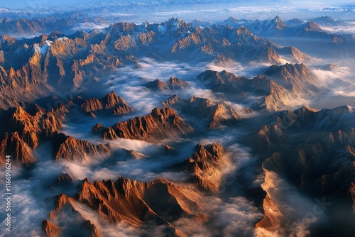 The mountains of the Songhua River in China, layered with misty clouds and fog over multiple layers of mountain peaks. The background is a blue sky, with distant snow-capped mountains and sunlight photo