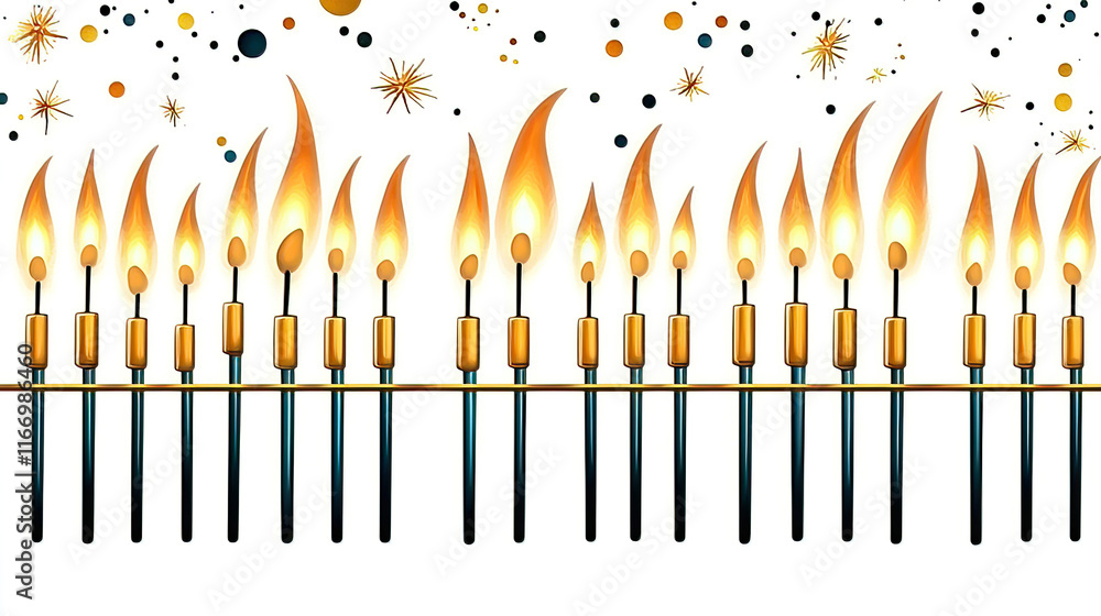Fototapeta premium Hanukkah, also known as Chanukah, celebrates a miracle of light. Families gather to spin the dreidel and share latkes. Colorful Flame Design with Motion in Background of Sparks