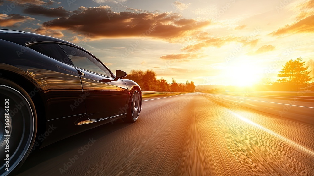 Sleek Sports Car Racing on Open Highway at Sunset in Beautiful Landscape Sleek Sports Car Racing on Open Highway at Sunset in Beautiful Landscape