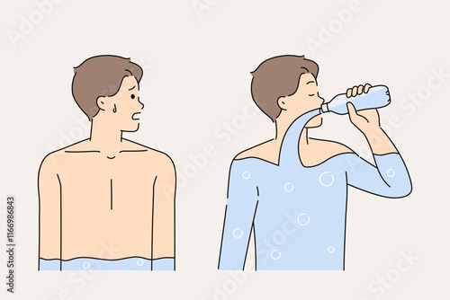 Thirst and exhaustion torment man drinking mineral water from bottle after long run in park