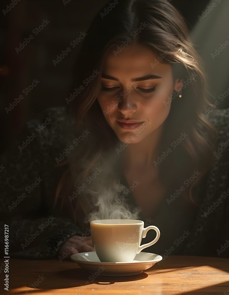 A young woman sits in front of a cup with a hot steaming beverage A young woman sits in front of a cup with a hot steaming beverage