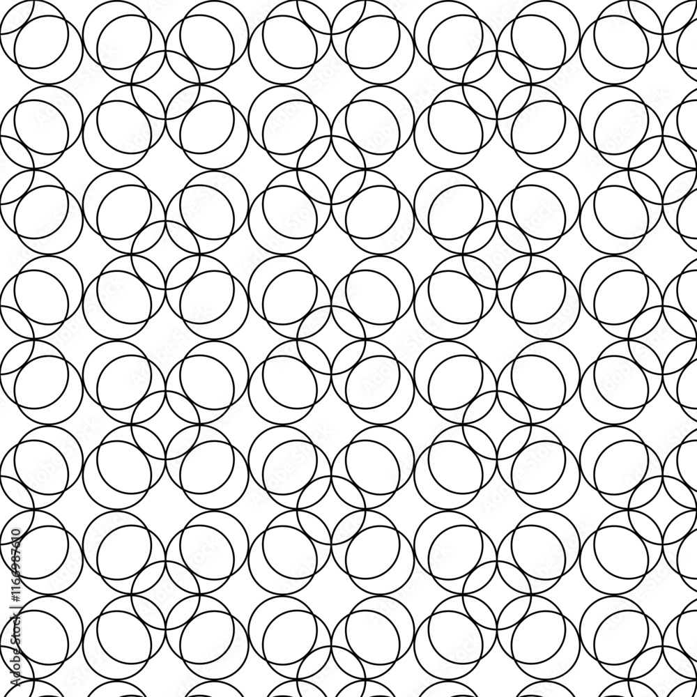 Naklejka premium Stacked layered circle geometric pattern with a kawung-like theme. Black and white oval-themed seamless pattern.