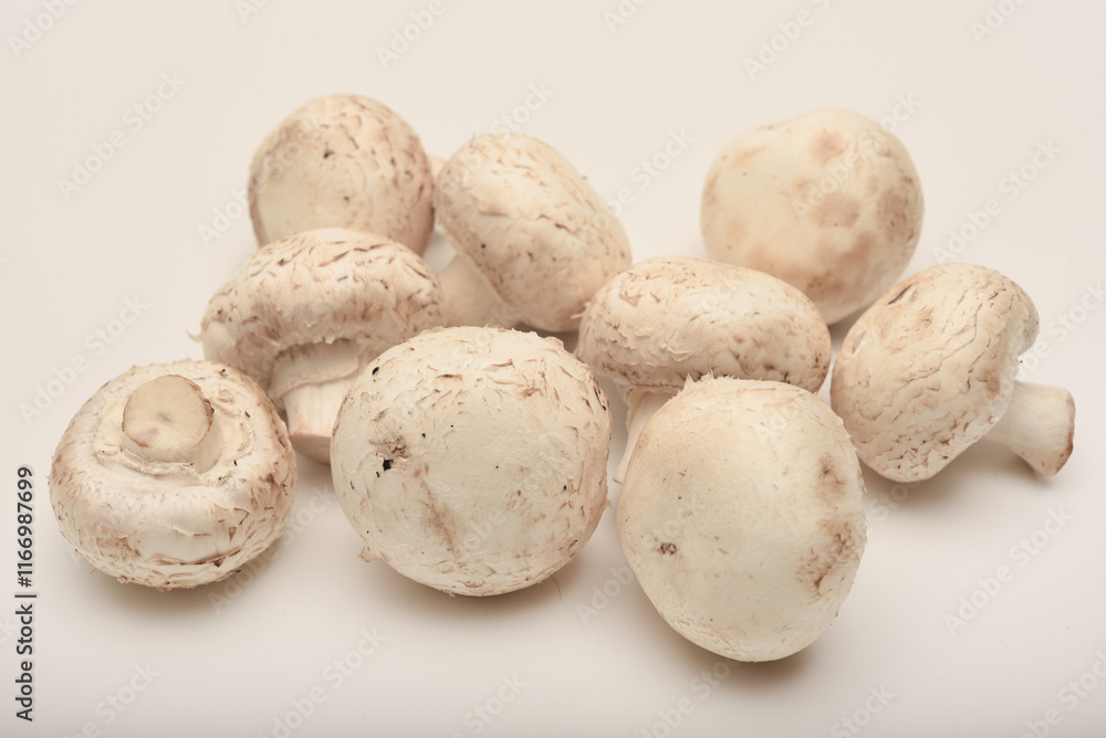 Fresh champignons on a white plate. Mushrooms on a white background. Fresh champignons on a white plate. Mushrooms on a white background.