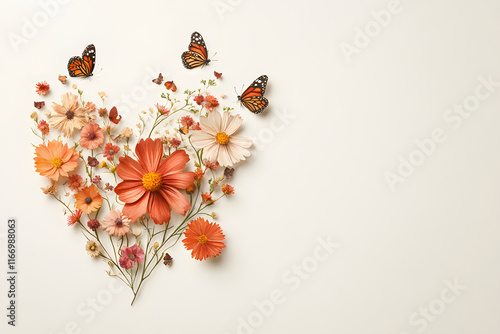 Beautiful floral arrangement with butterflies, featuring vibrant orange and pink flowers, creating heart shape on light background