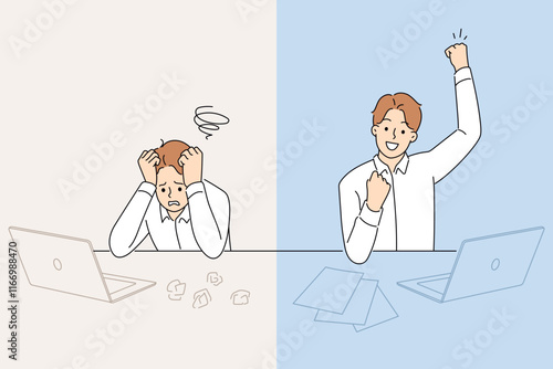 Business man who made mistake rejoices after correcting situation and completing task