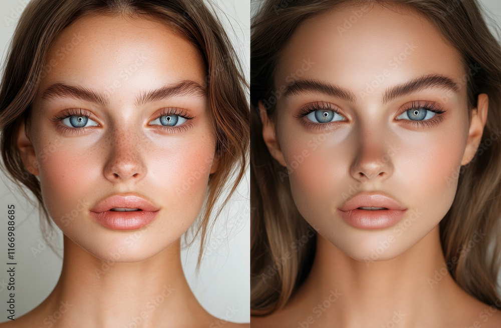 Two portraits showcase a model with captivating blue eyes. One side highlights natural features, while the other demonstrates skillful enhancements for a polished look. Two portraits showcase a model with captivating blue eyes. One side highlights natural features, while the other demonstrates skillful enhancements for a polished look.