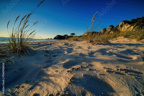 The sandy beach of Whangamata, New Zealand, with grasses and rock formations in the background under a clear blue sky at sunset. The golden light reflects on the sand dunes. A wide-angle shot capturin photo