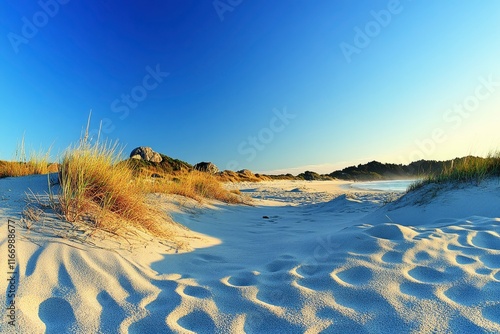 The sandy beach of Whangamata, New Zealand, with grasses and rock formations in the background under a clear blue sky at sunset. The golden light reflects on the sand dunes. A wide-angle shot capturin photo