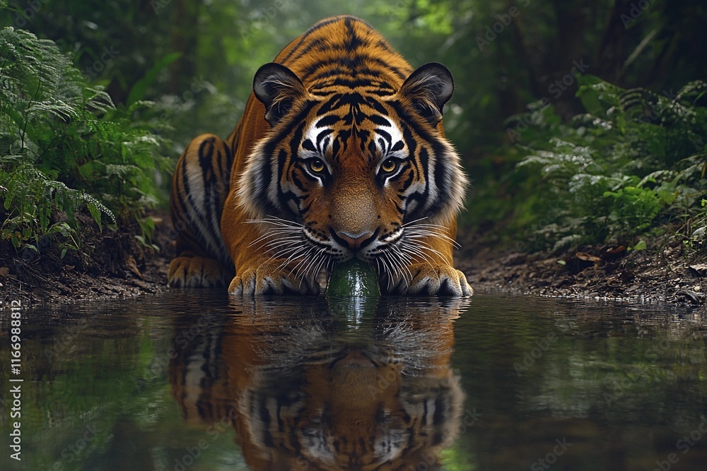 Fototapeta premium Majestic tiger prowls near water in lush green jungle habitat. Generative AI