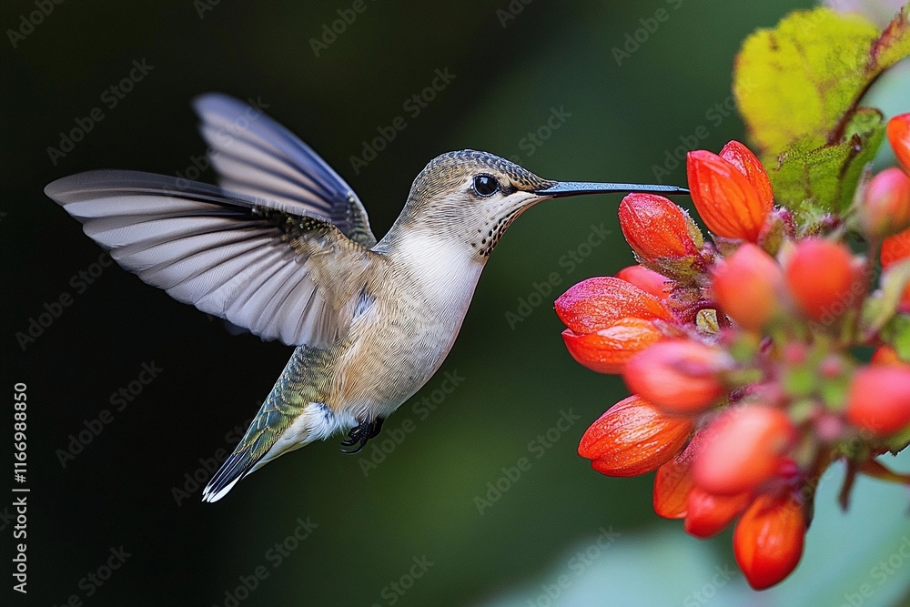 Fototapeta premium Hummingbird hovering near bright red flowers in a vibrant garden setting. Generative AI