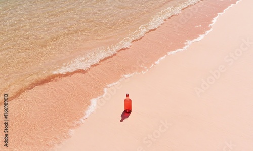 Message in a bottle washed ashore on white sand, gentle wave receding