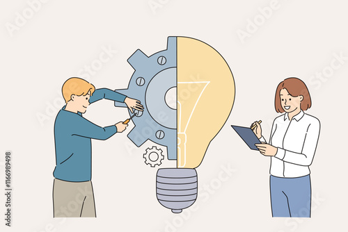 Teamwork of engineers developing innovative product and creating prototype after ideas arise
